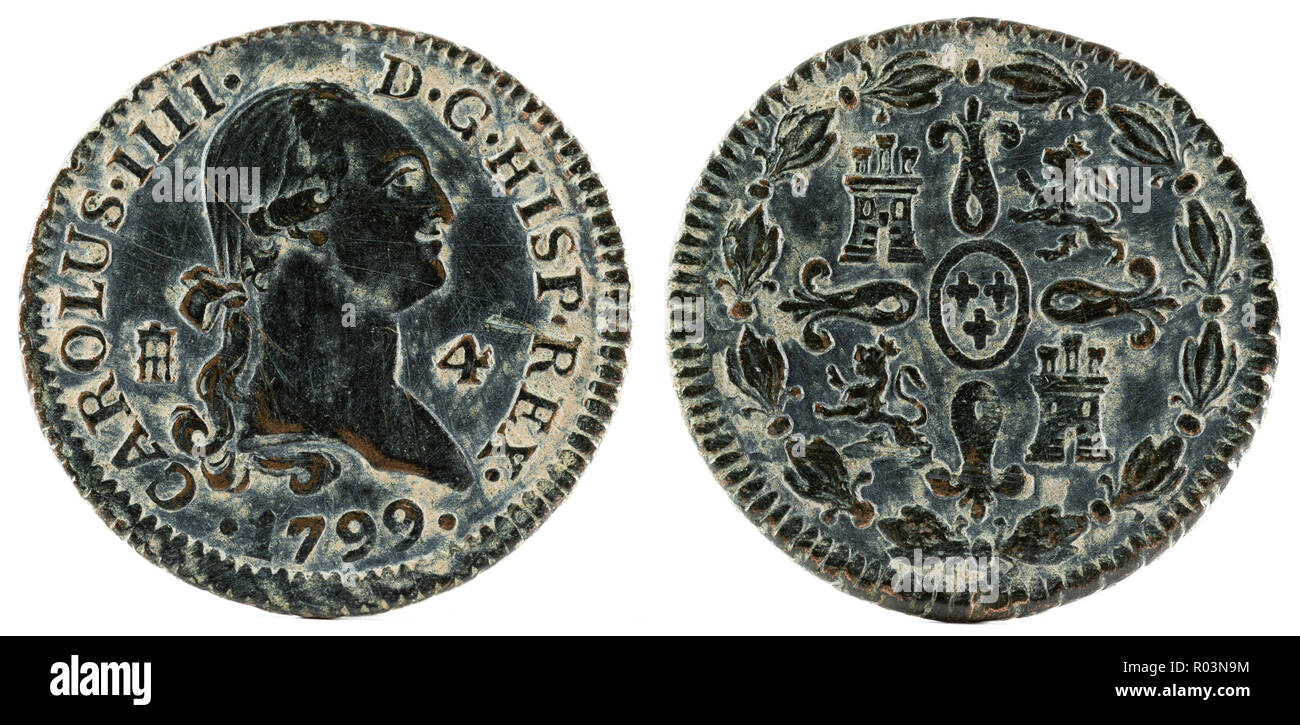 Ancient Spanish copper coin of the King Carlos IV. 1799. Coined in Segovia. 4 Maravedis. Stock Photo