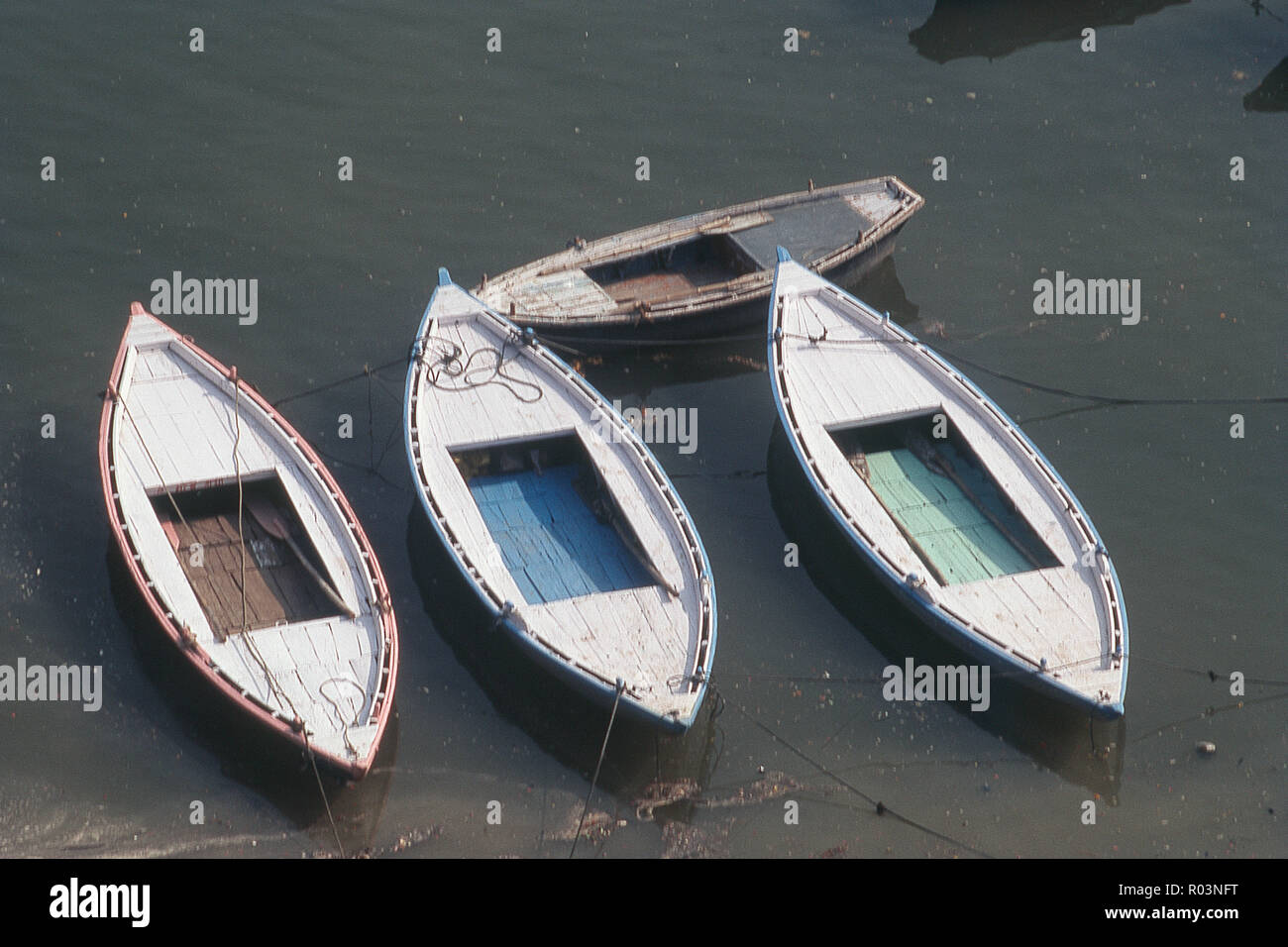 Anchored boats at Ganga river, Varanasi, Uttar Pradesh, India, Asia Stock Photo