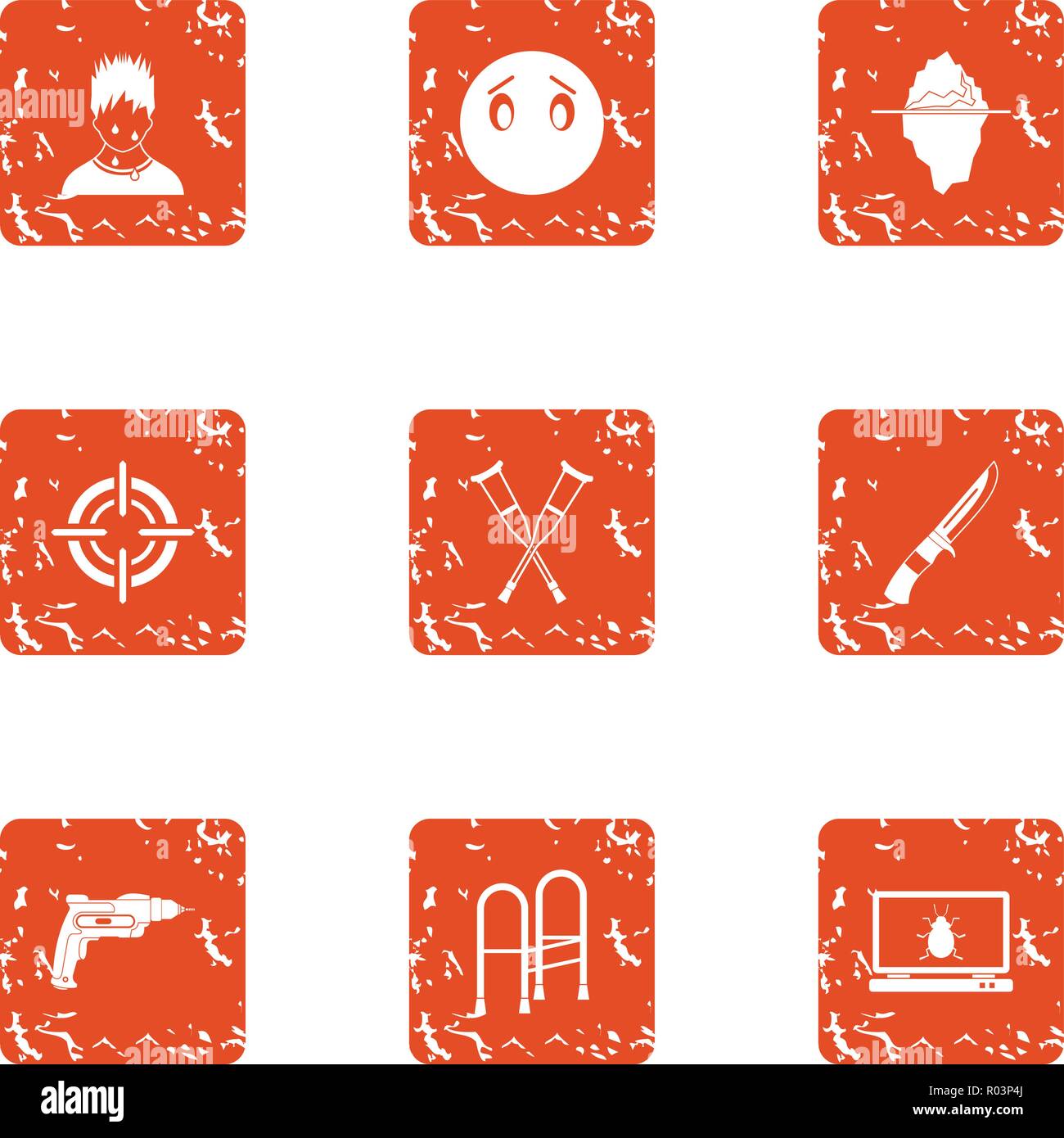 Accident experiment icons set, grunge style Stock Vector