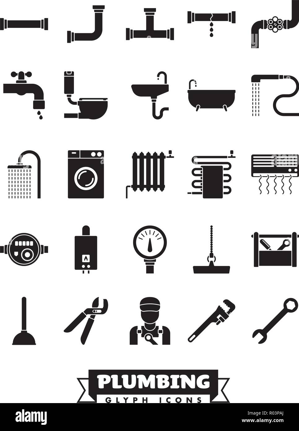 Plumbing and sanitary facilities vector glyph icon collection Stock Vector
