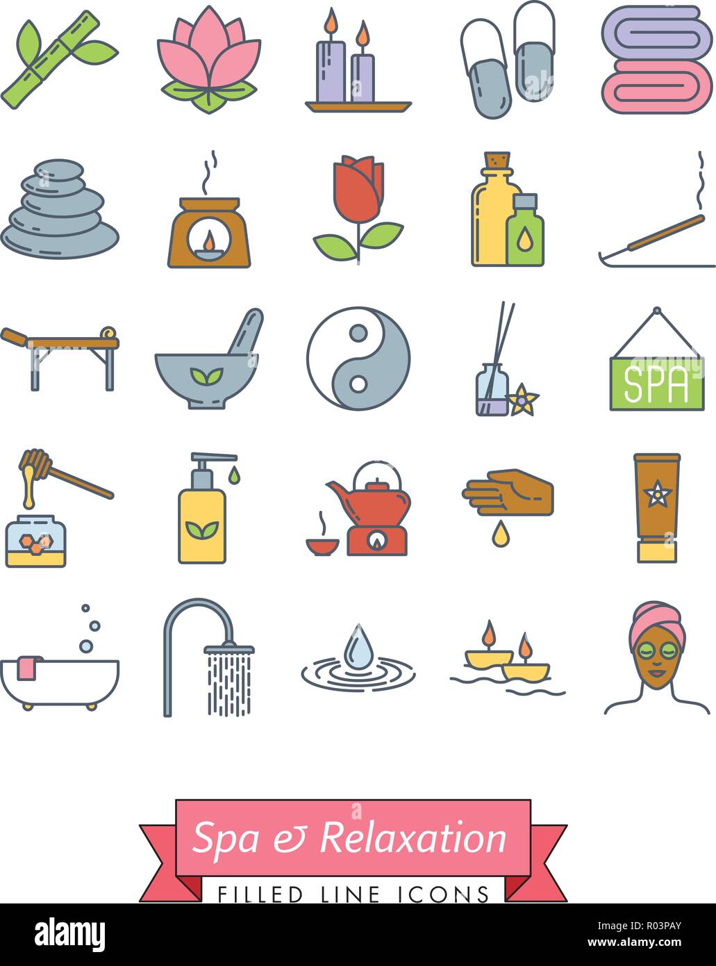 Spa, aromatherapy and herbal medicine vector filled line icon collection. Set of 25 symbols. Stock Vector