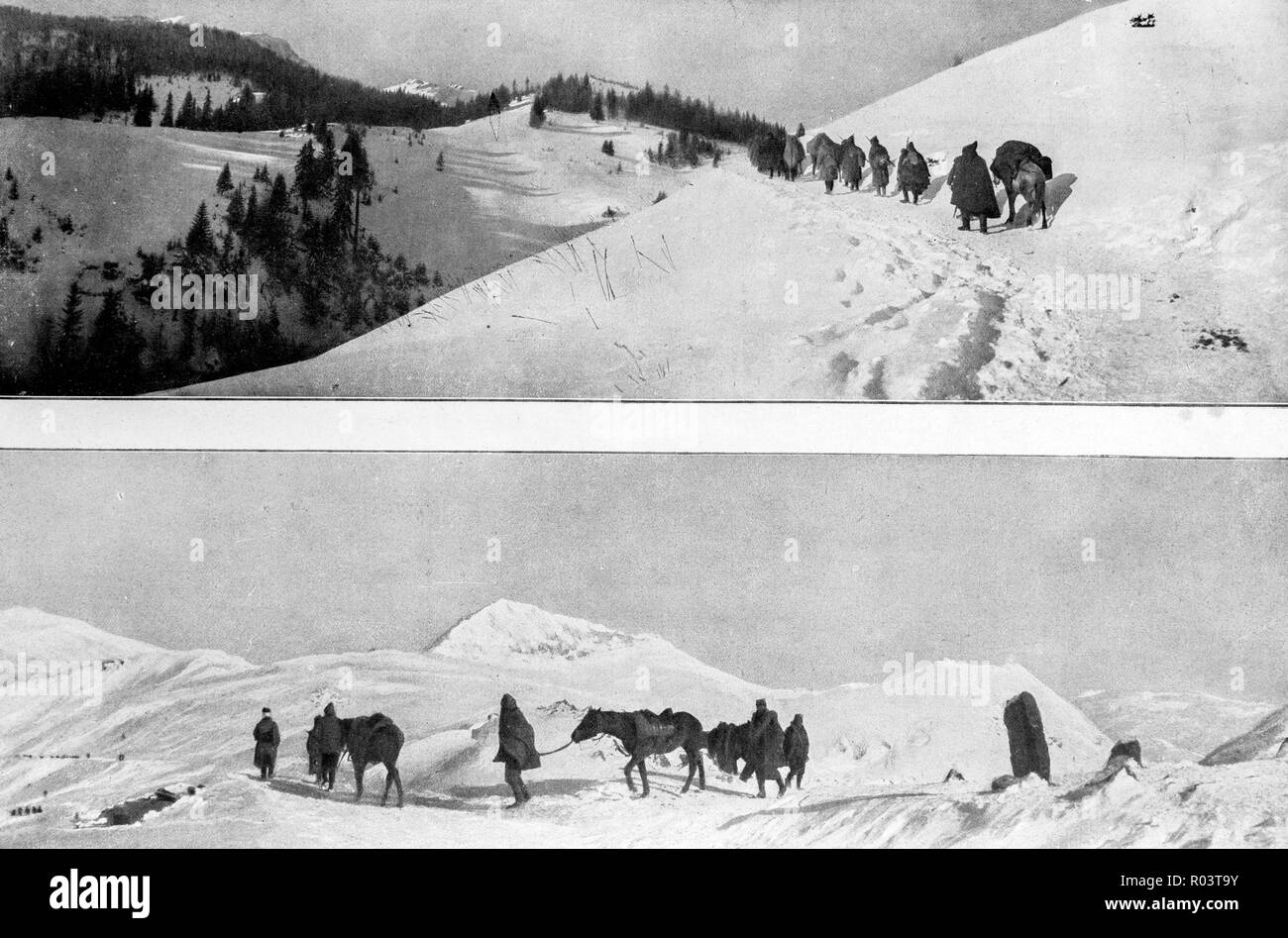 Serbian troops retreating through Albania Mountains, 1915, Albania Stock Photo