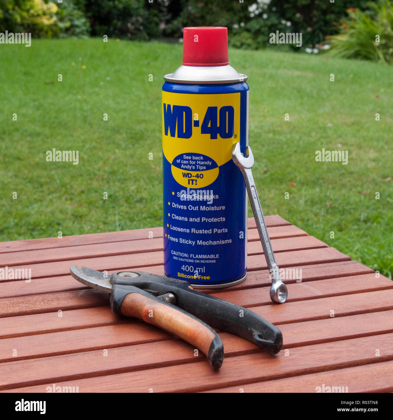 Aerosol Can of WD-40 Lubricant Spray With Secateurs and a Spanner, UK Stock Photo
