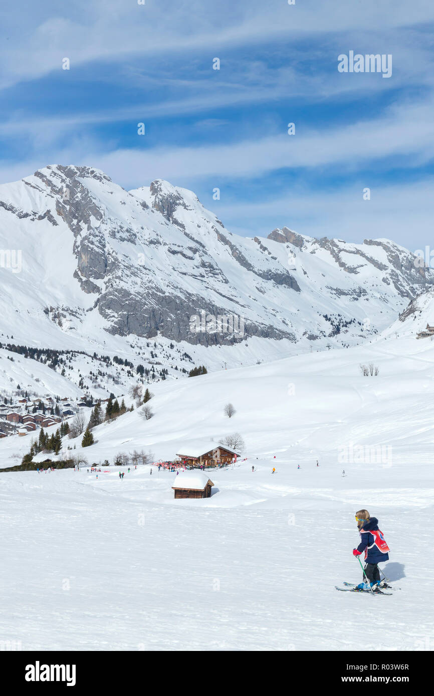 Child skiing, Le Grand-Bornand, Haute-Savoie, France, Europe, Stock Photo