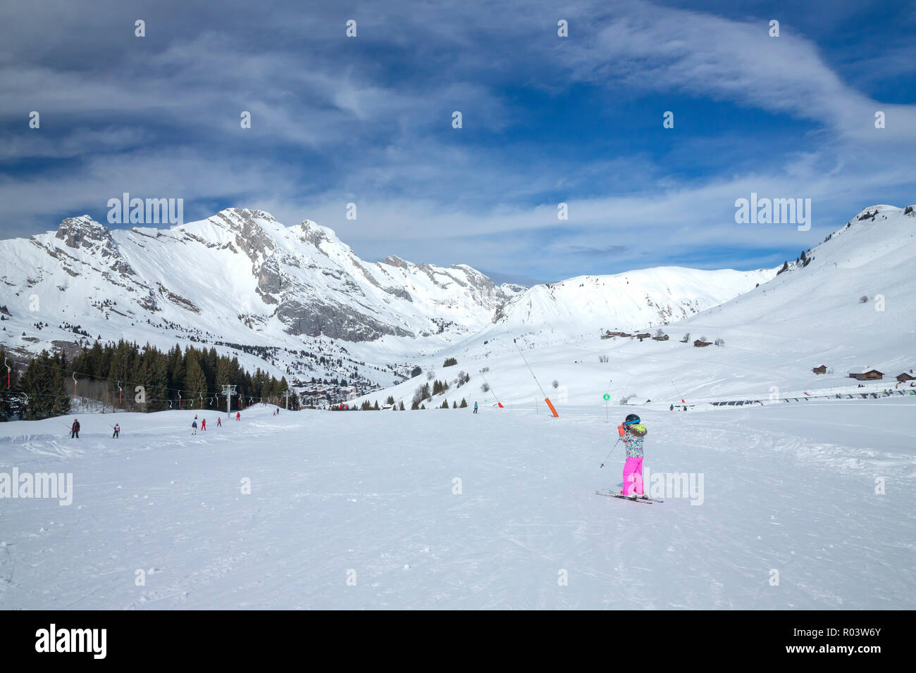 Small child skiing, Le Grand-Bornand, Haute-Savoie, France, Europe, Stock Photo
