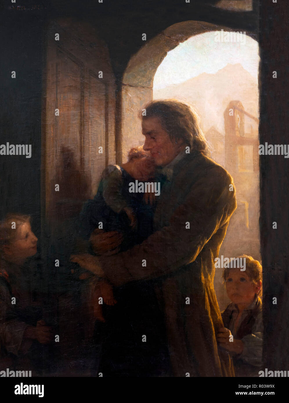 Heinrich Pestalozzi with the Orphans of Stans, Albert Anker, 1870, Stock Photo