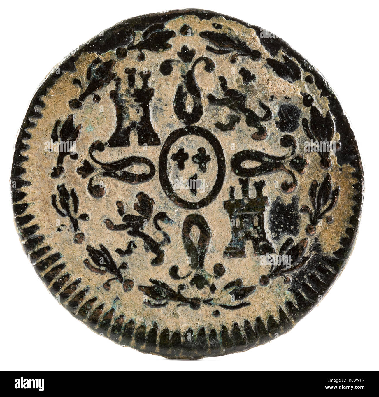 Ancient Spanish copper coin of the King Fernando VII. 1824. Coined in