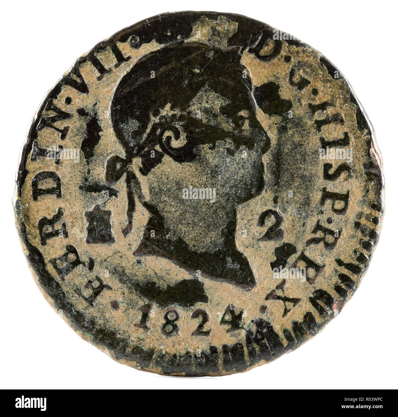 Ancient Spanish copper coin of the King Fernando VII. 1824. Coined in