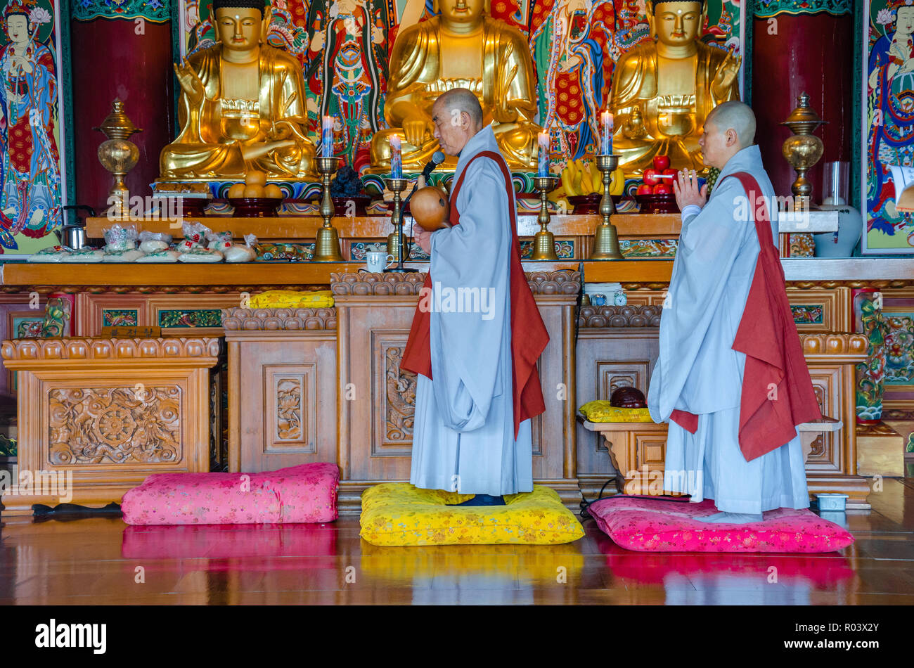 Buddhist monks lead prayers at Haedong Yonggungsa Temple, a buddhist temple in Busan, South Korea. Stock Photo