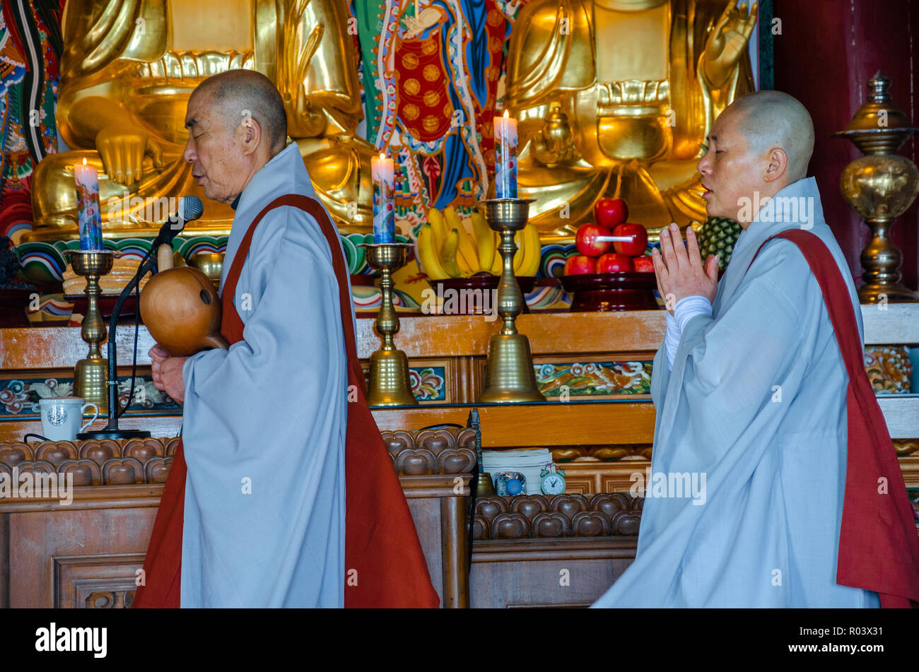 Buddhist monks lead prayers at Haedong Yonggungsa Temple, a buddhist temple in Busan, South Korea. Stock Photo
