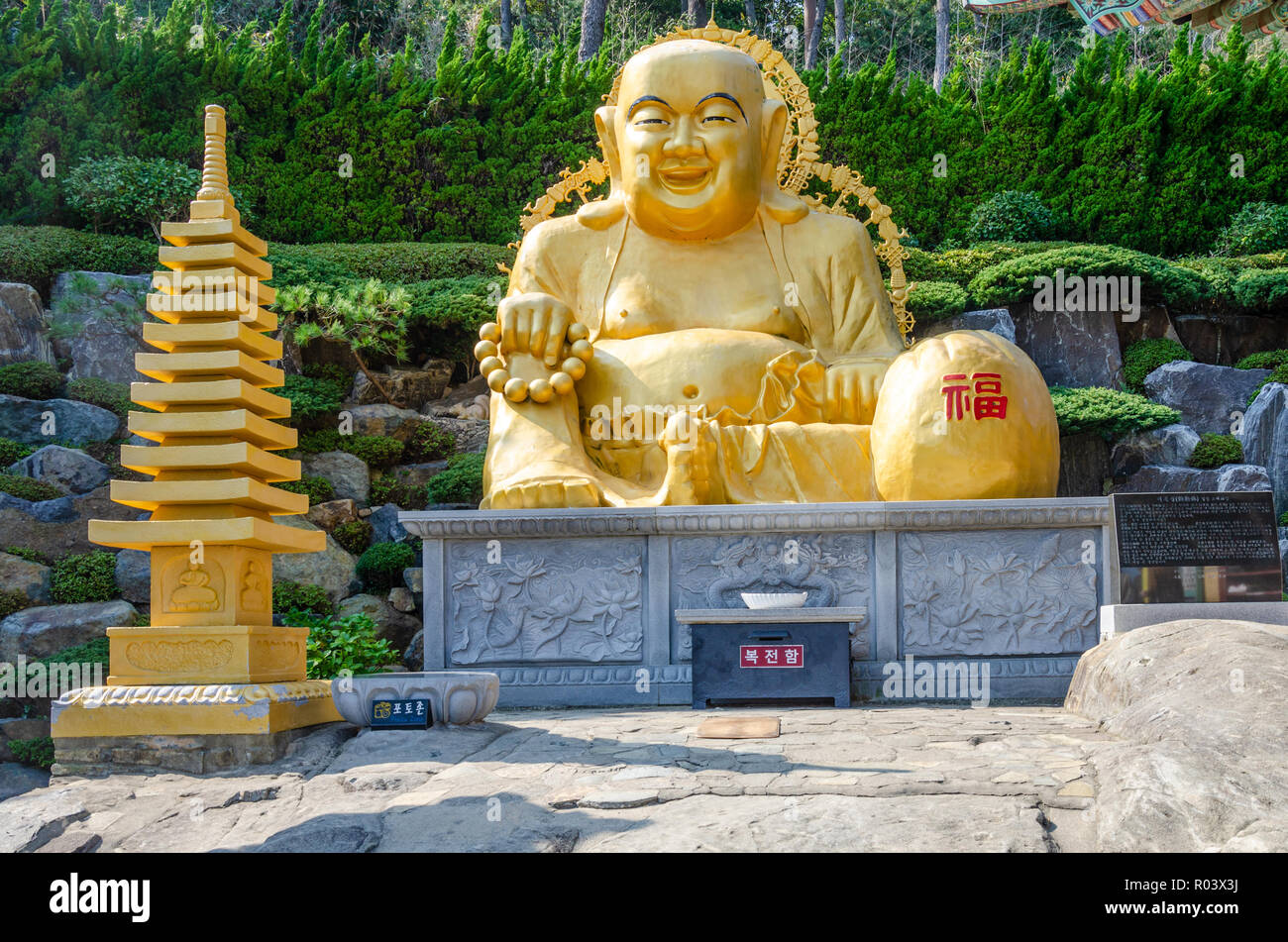 A golden Buddha at Haedong Yonggungsa Temple, a Buddhist temple in Busan, South Korea. Stock Photo