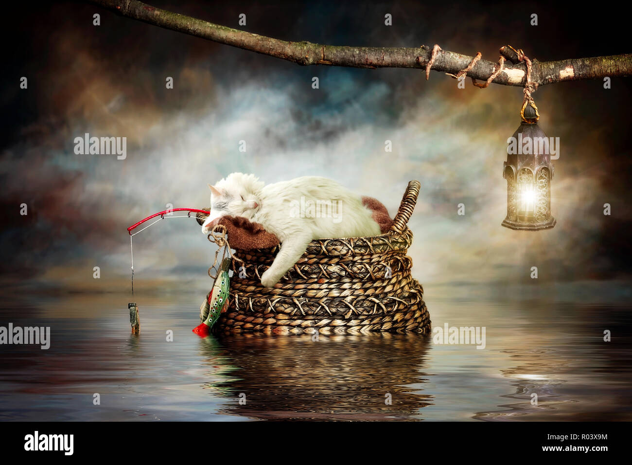 A long-haired white cat takes a break after an exhausting day of fishing in this composite photo. Stock Photo