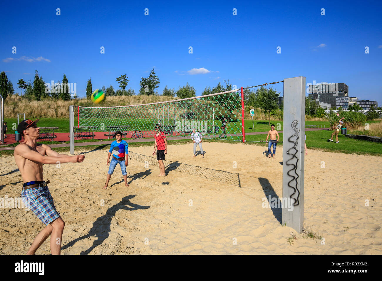 Essen, Ruhrgebiet, Germany, Krupp-Park, beach volleyball, urban development project Krupp-Guertel Stock Photo