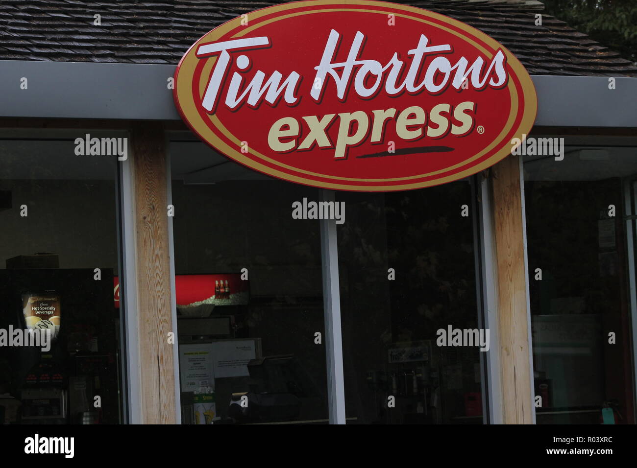 TORONTO, CANADA October 29 2018 The outside of a Tim Hortons Coffee Shop during the day Stock