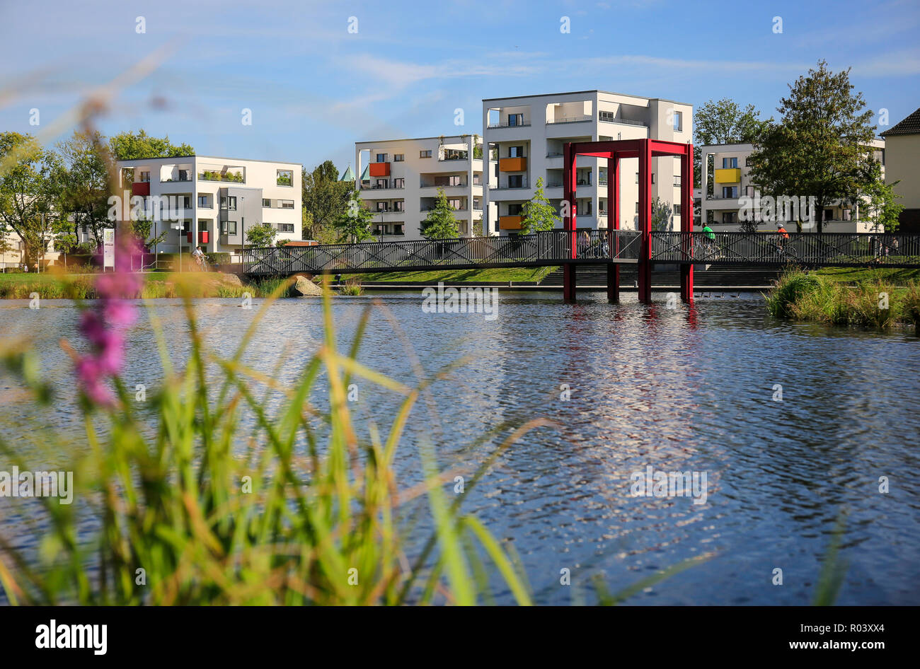 Essen, Ruhr area, Germany, urban development project Niederfeldsee with cycle route Ruhr RS 1 Stock Photo