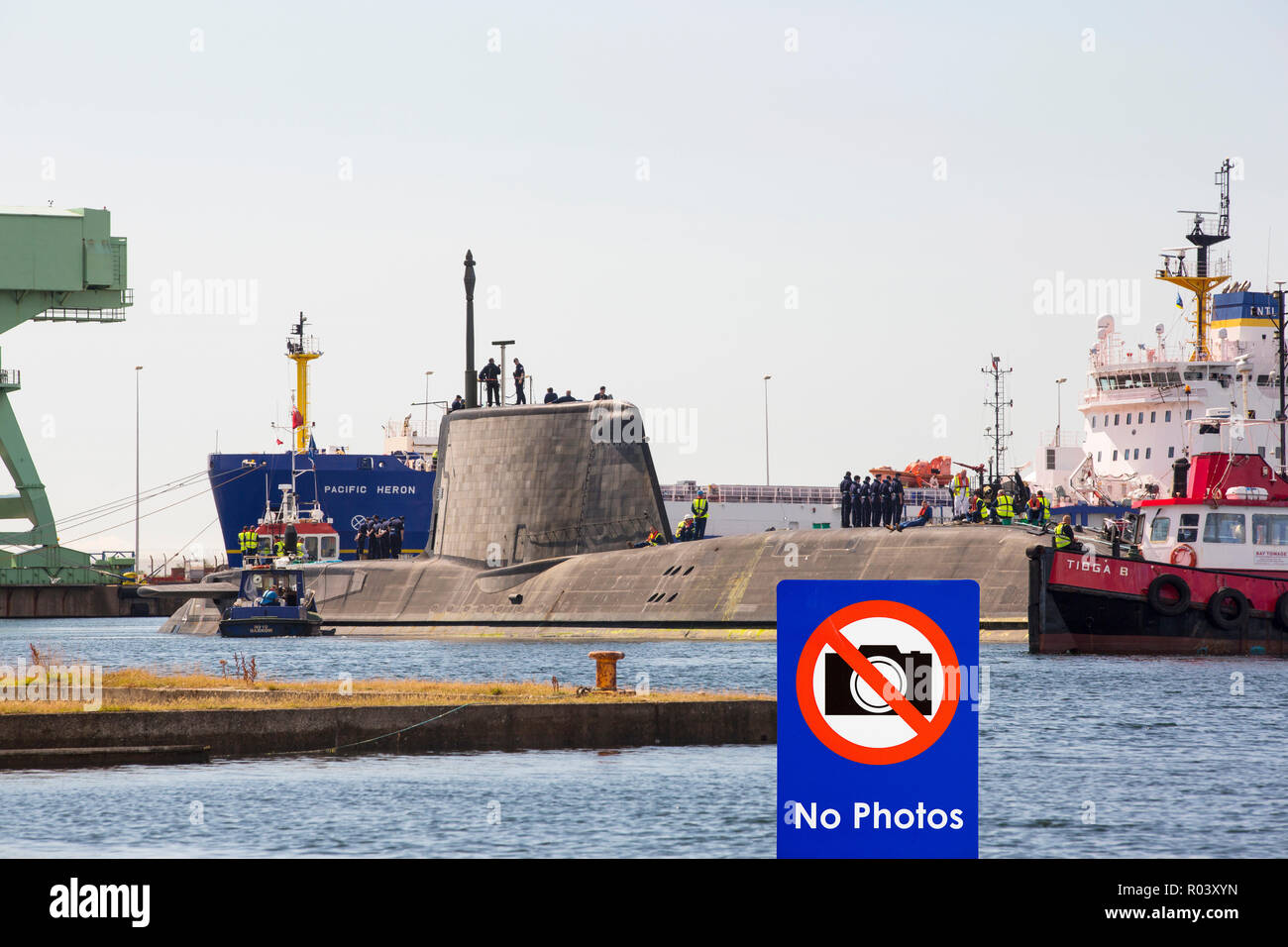 The Artful an Astute class hunter killer nuclear powered submarine is moved from BAE Systems in Barrow in Furness up to the Faslane submarine base in  Stock Photo