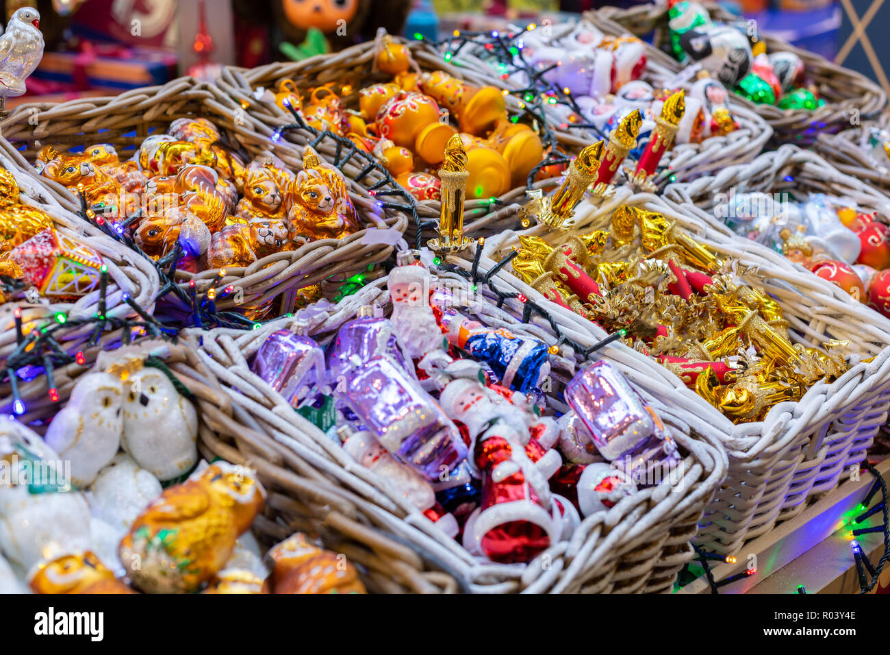 Various decorations and souvenirs on christmas market. Xmas fair