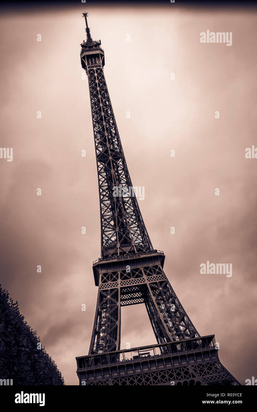 black and white retro style photograph of the eiffel tower paris, ile de france, france Stock Photo