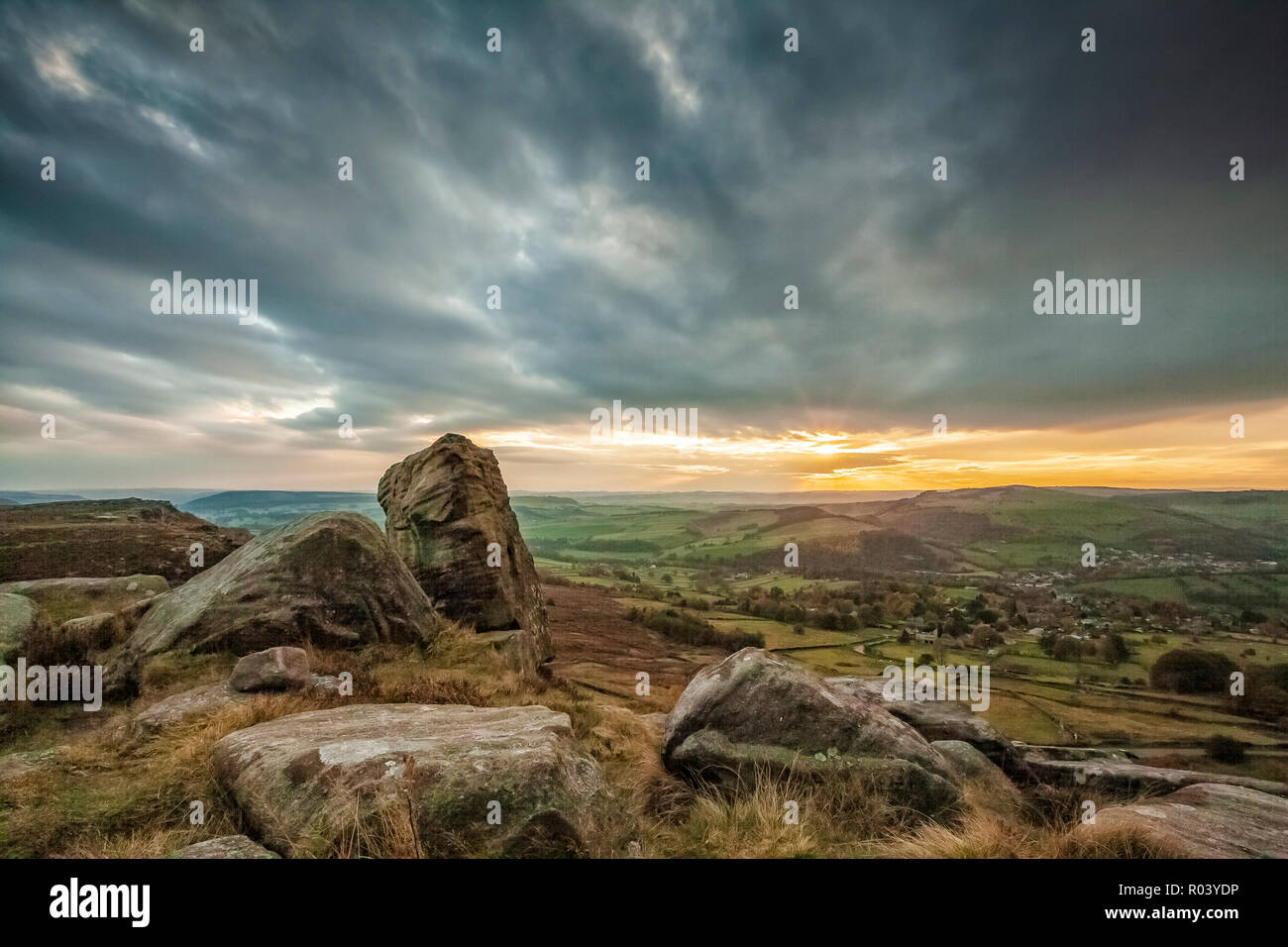 beautiful landscape photograph of a sunset at Curbar Edge, Peak District National Park, Derbyshire, England October 2018 Stock Photo