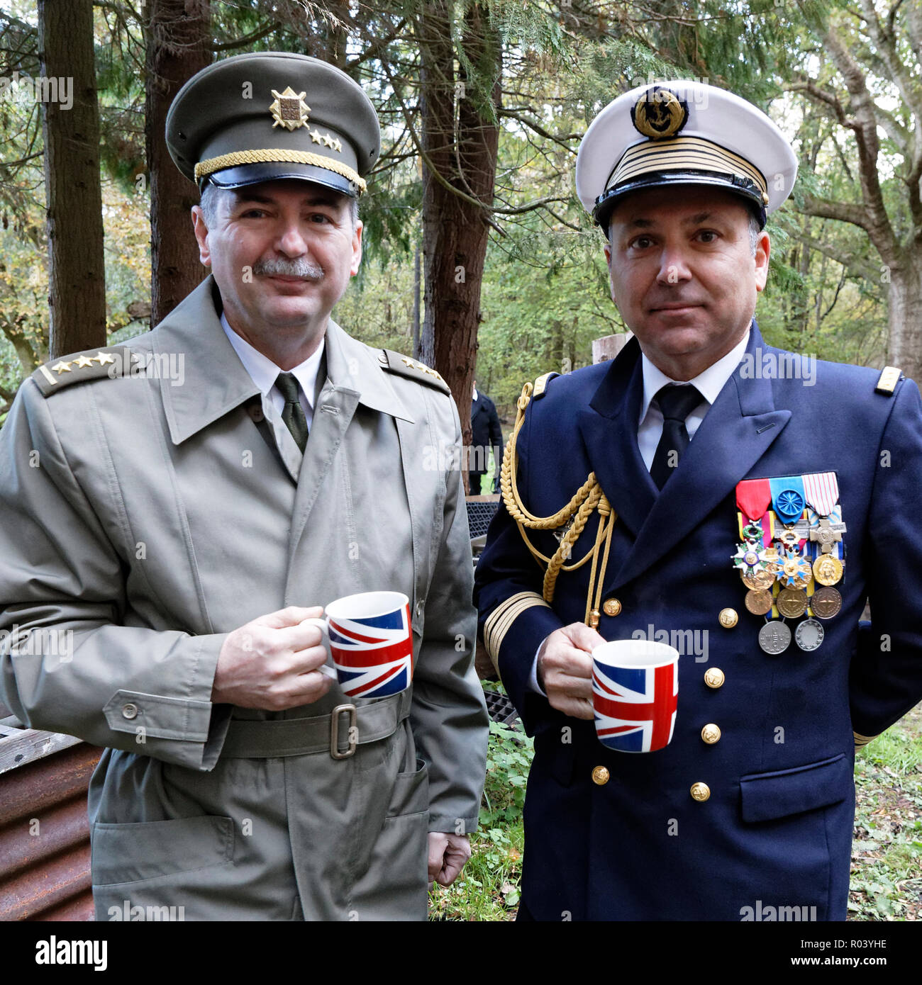 Col Jiri Niedoba (L) Defence Attache Czech Republic with Captain Luc Raynal French Naval Attache take coffee after the Czechoslovakia memorial service Stock Photo