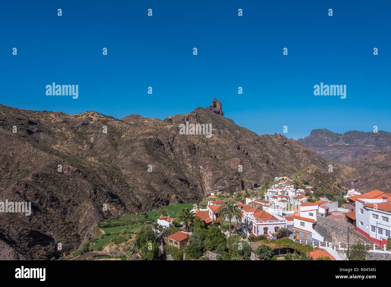 View of the village with mountain, Tajeda, Gran Canaria, Canary Islands, Spain. Stock Photo