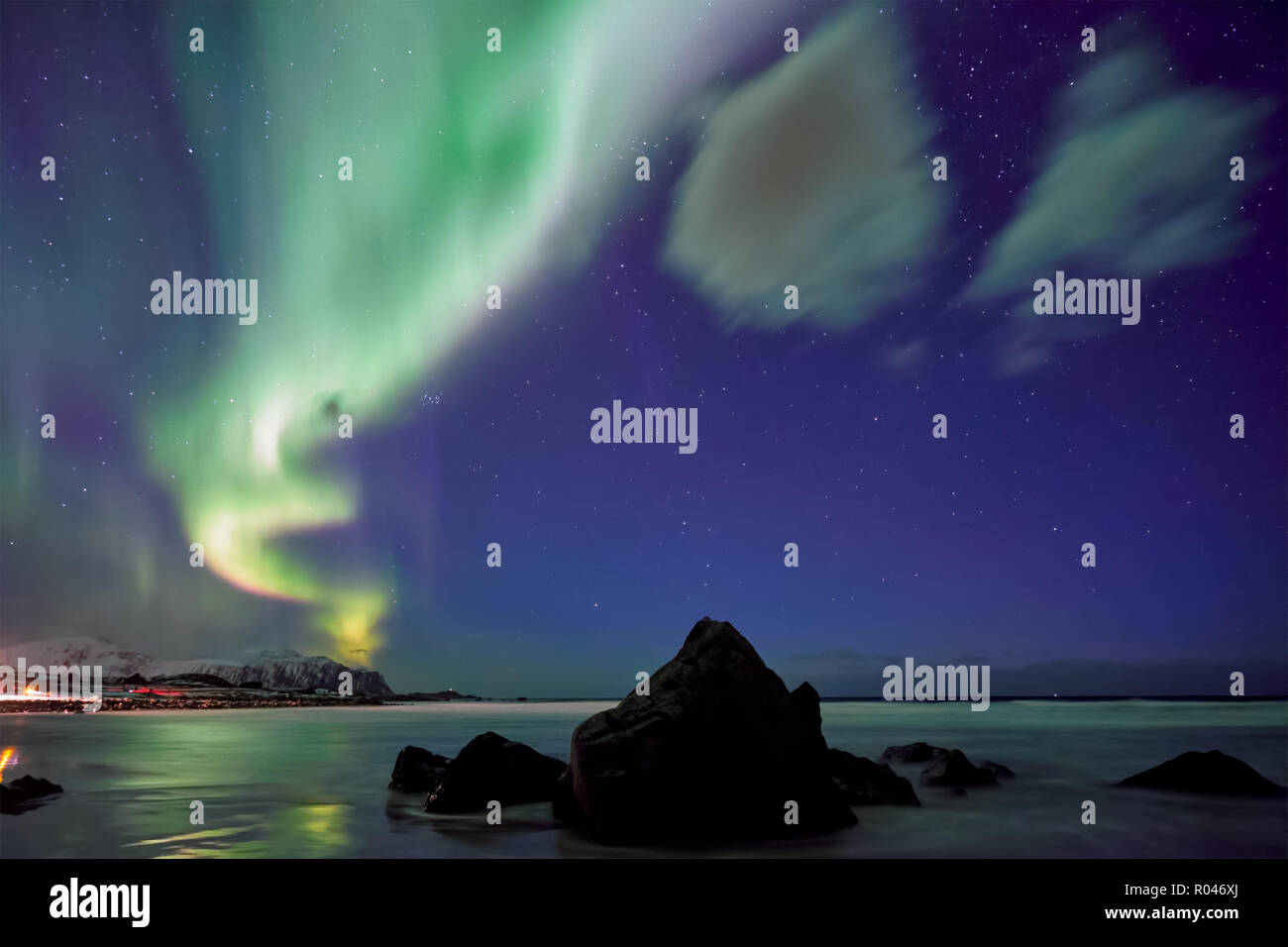 Aurora borealis northern lights. Lofoten islands, Norway Stock Photo ...