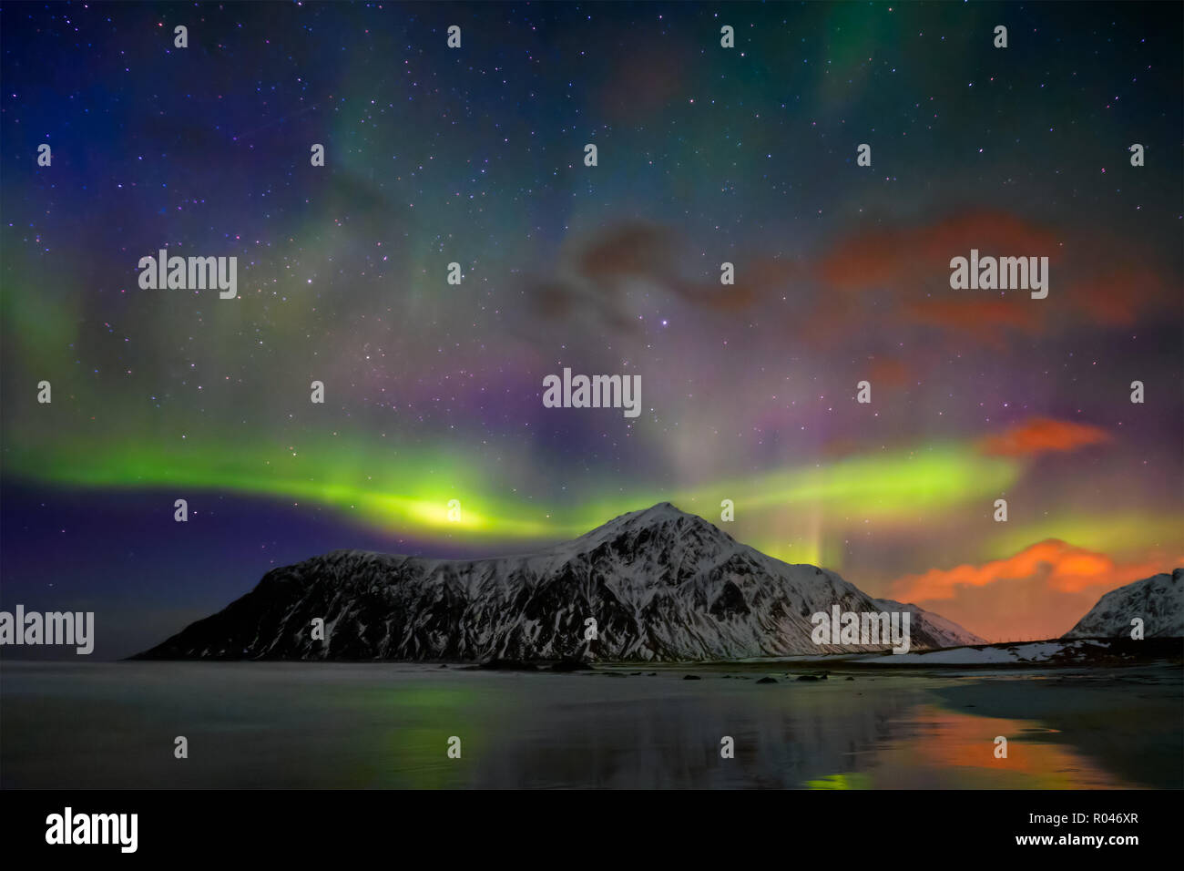 Aurora borealis northern lights. Lofoten islands, Norway Stock Photo ...