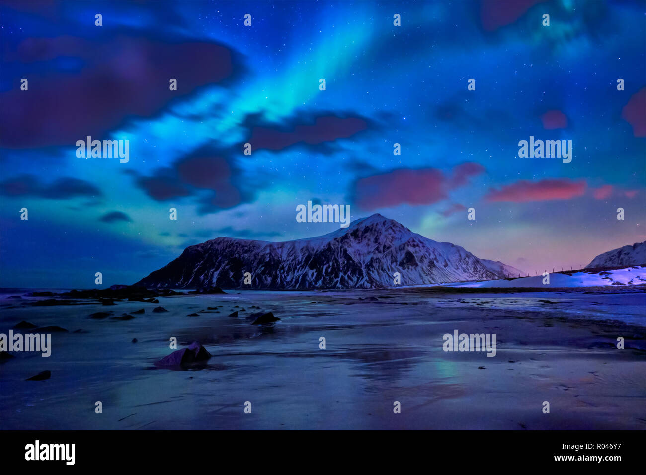 Aurora borealis northern lights. Lofoten islands, Norway Stock Photo ...