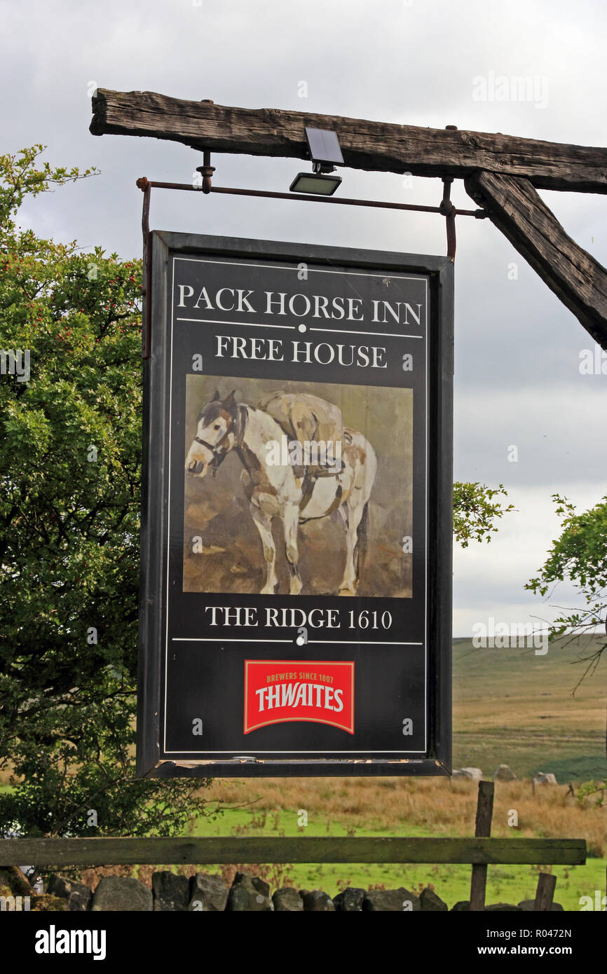 Pack Horse Inn sign , Widdop Moor Stock Photo