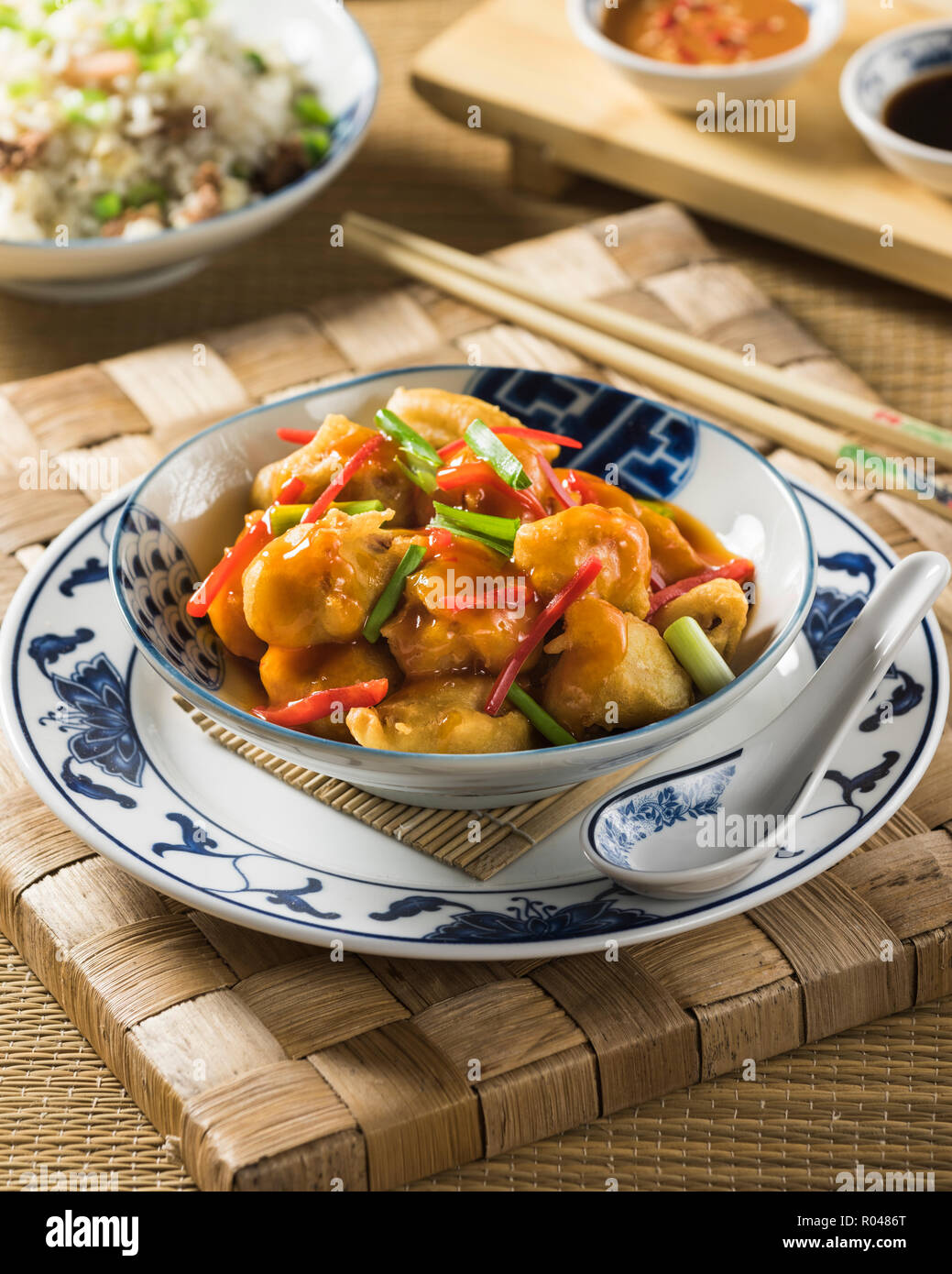 Sweet and sour pork with fried rice. Chinese food Stock Photo