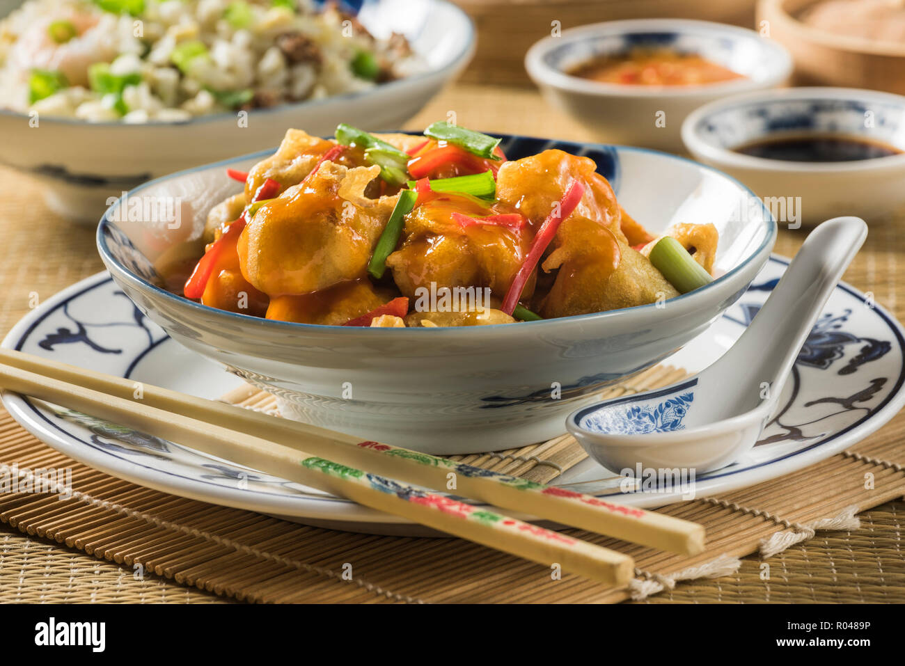 Sweet and sour pork with fried rice. Chinese food Stock Photo
