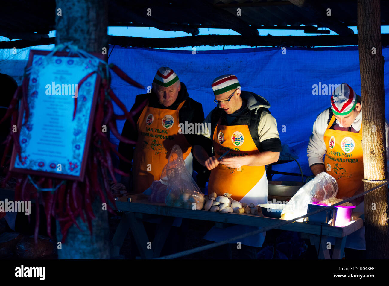 Hecha, Ukraine - JAN 27, 2018: Pork butchers competition. hungarian team discussion while preparing ingredients, early in the morning before festival  Stock Photo