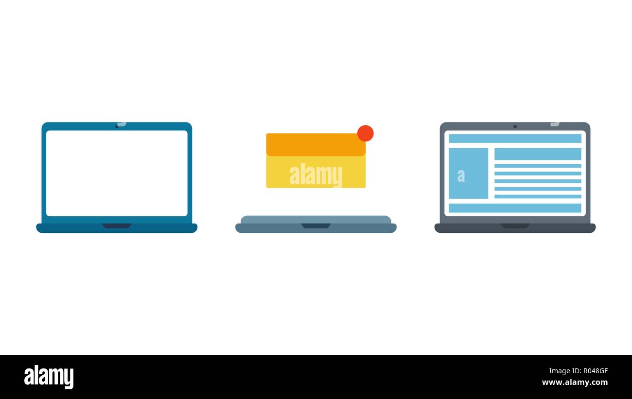 Set laptops. Mail envelope. Notification message. Concept of text on ...