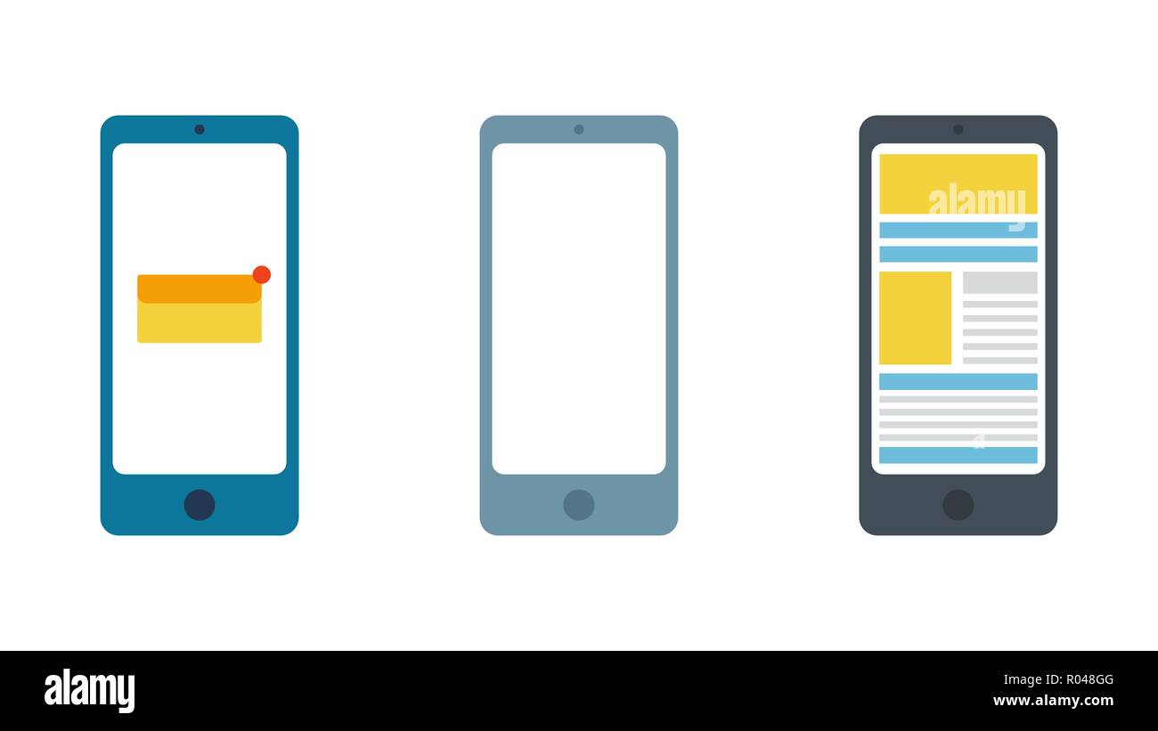 Set smartphone. Mail envelope. Notification message. Concept of text on ...