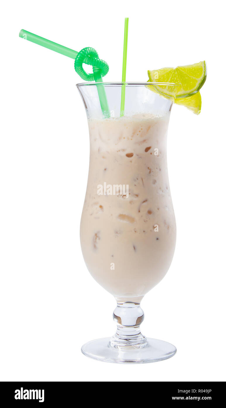 apple smoothie decorated with lime. refreshing drink in tall glass with ice and green straw Stock Photo