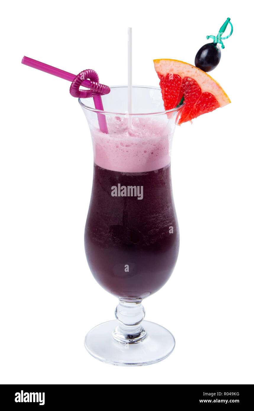 grape juice decorated with grapefruit. purple drink in a tall glass decorated with slice of fruit and straw Stock Photo