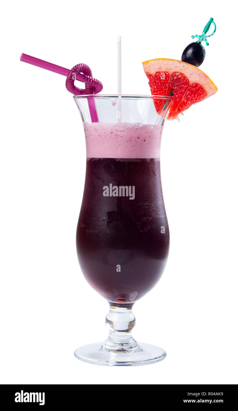 grape juice decorated with grapefruit. purple drink in a tall glass decorated with slice of fruit and straw Stock Photo