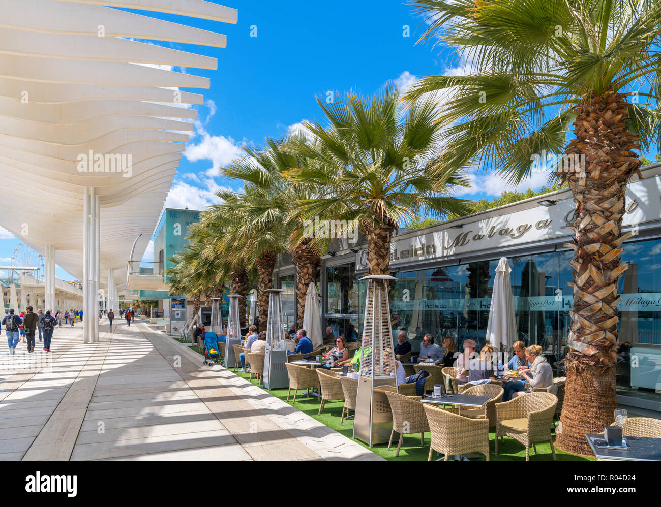 Malaga, Spain. Restaurant on Paseo del Muelle Uno in the port area, Malaga, Costa del Sol, Andalucia, Spain Stock Photo