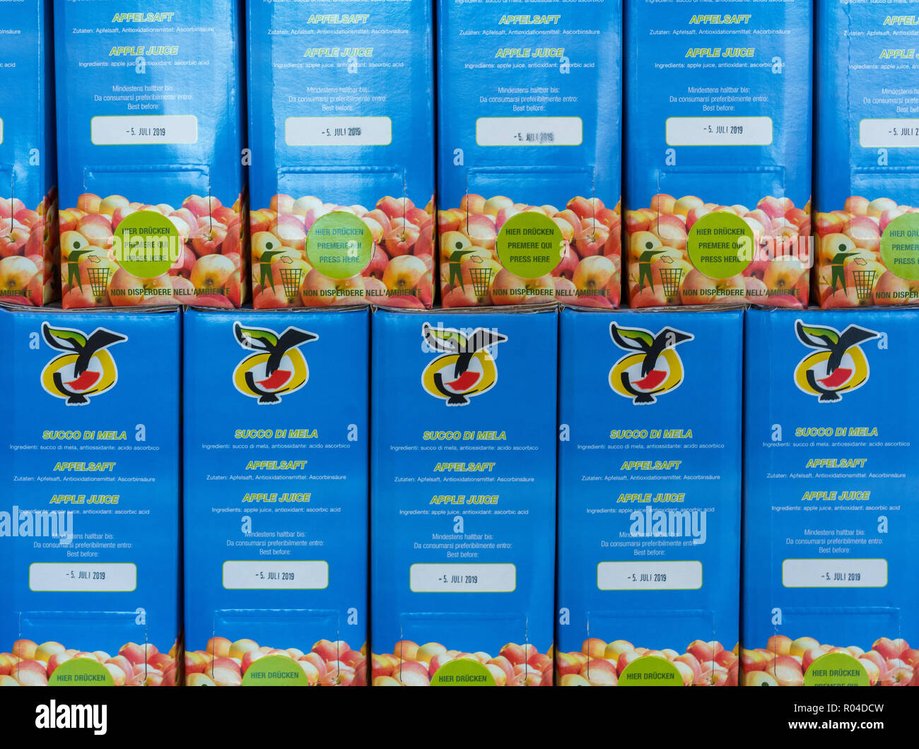 packs of marlene apple juice in South tyrol Market. Marlene, born in 1995, is one of the first and most famous brands of apple country South Tyrol, no Stock Photo