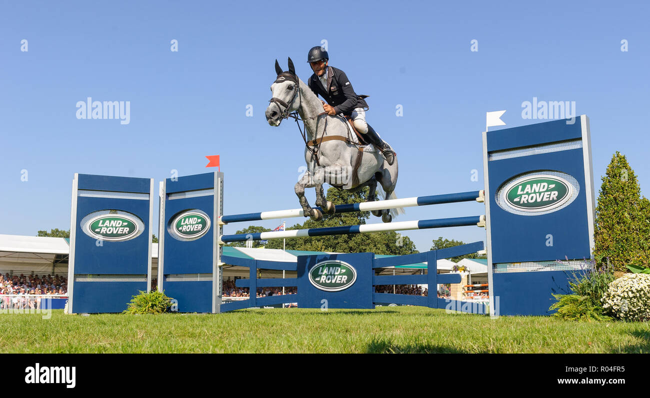 Andrew Nicholson and SWALLOW SPRINGS during the showjumping  phase of the Land Rover Burghley Horse Trials, 2nd September 2018. Stock Photo