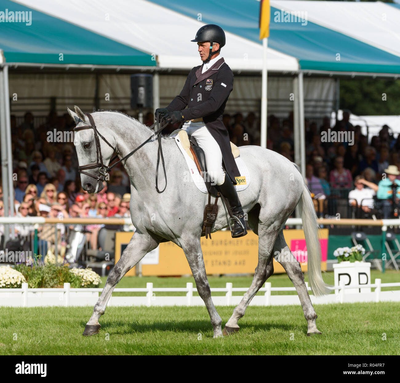 Andrew Nicholson and SWALLOW SPRINGS during the dressage phase of the Land Rover Burghley Horse Trials, 2018 Stock Photo