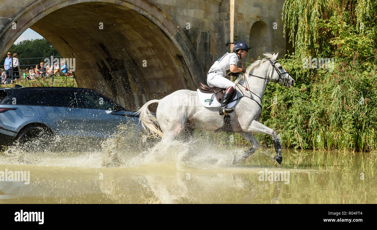 Harry Meade and AWAY CRUISING during the cross country phase of the Land Rover Burghley Horse Trials 2018 Stock Photo