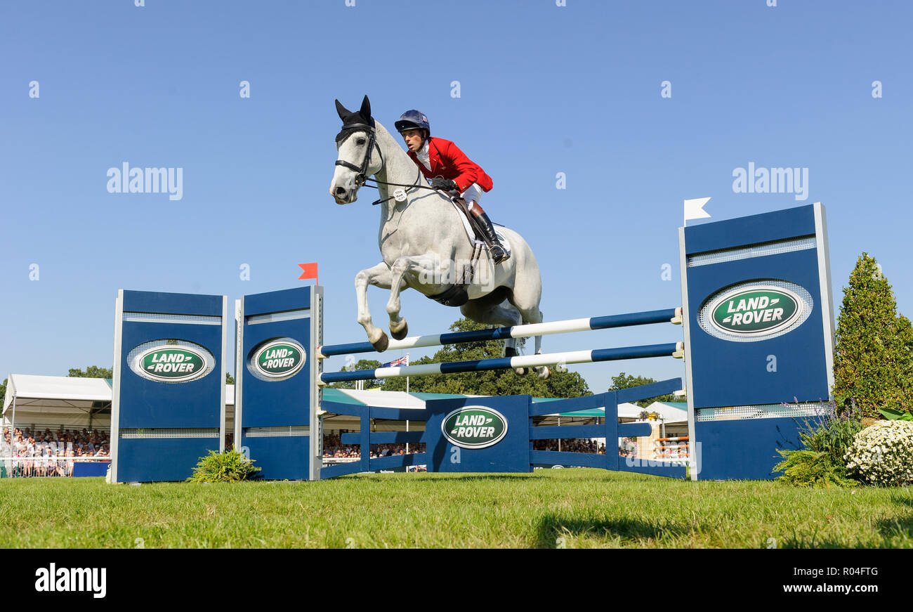 Harry Meade and AWAY CRUISING during the showjumping  phase of the Land Rover Burghley Horse Trials, 2nd September 2018. Stock Photo