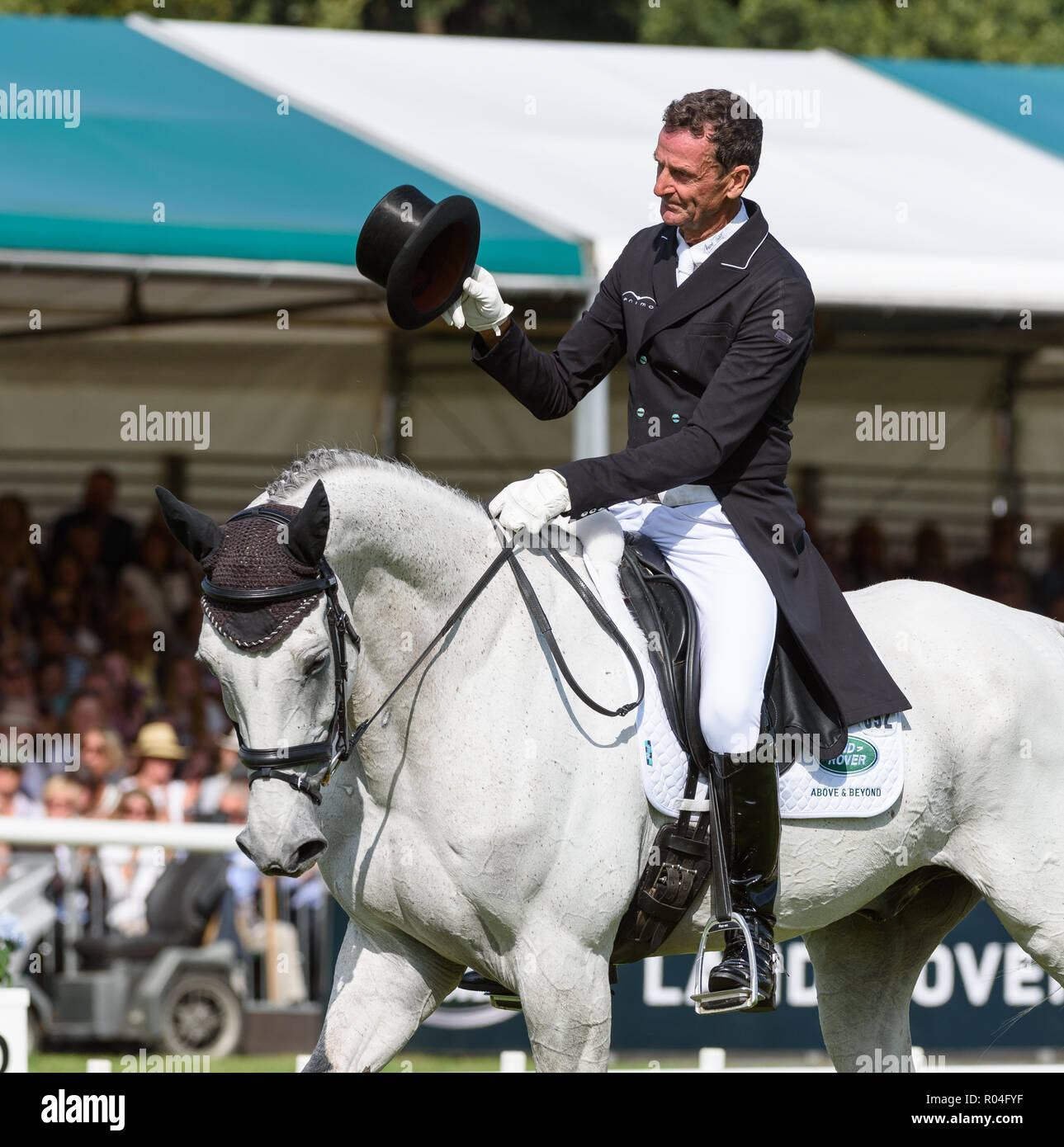 Mark Todd and KILTUBRID RHAPSODY during the dressage phase of the Land Rover Burghley Horse Trials, 2018 Stock Photo