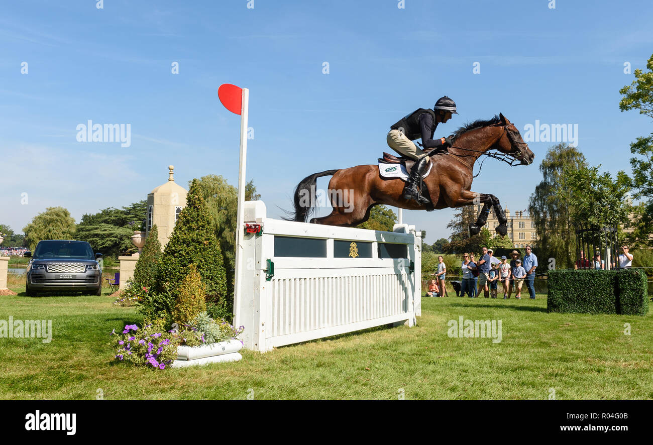 Mark Todd and NZB CAMPINO during the cross country phase of the Land Rover Burghley Horse Trials 2018 Stock Photo