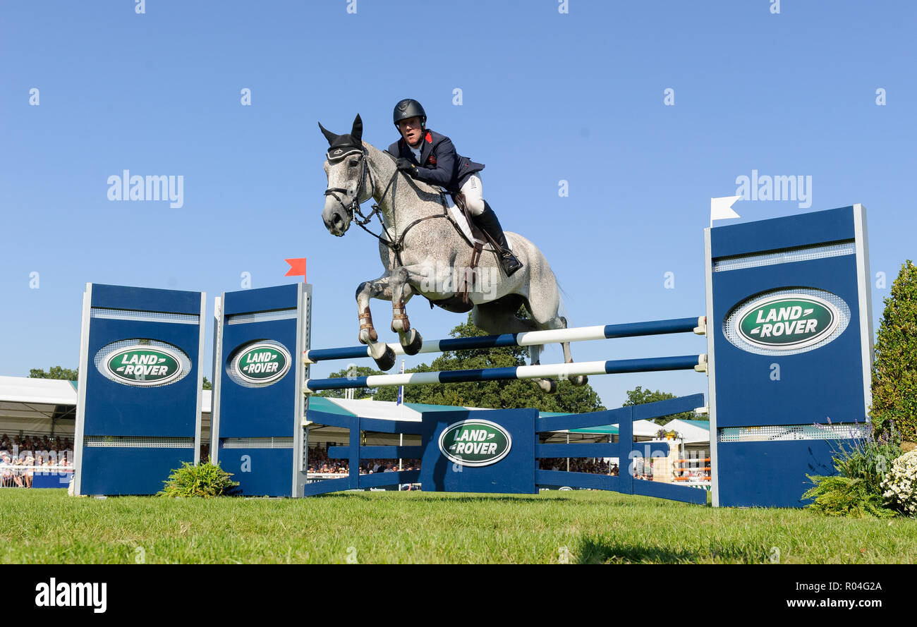 Oliver Townend and BALLAGHMOR CLASS during the showjumping  phase of the Land Rover Burghley Horse Trials, 2nd September 2018. Stock Photo