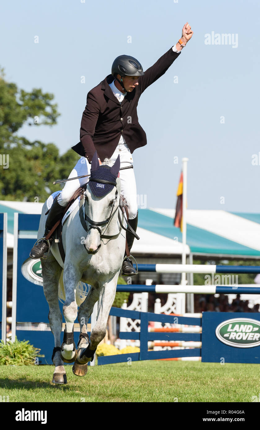 Richard Jones and ALFIES CLOVER during the showjumping  phase of the Land Rover Burghley Horse Trials, 2nd September 2018. Stock Photo