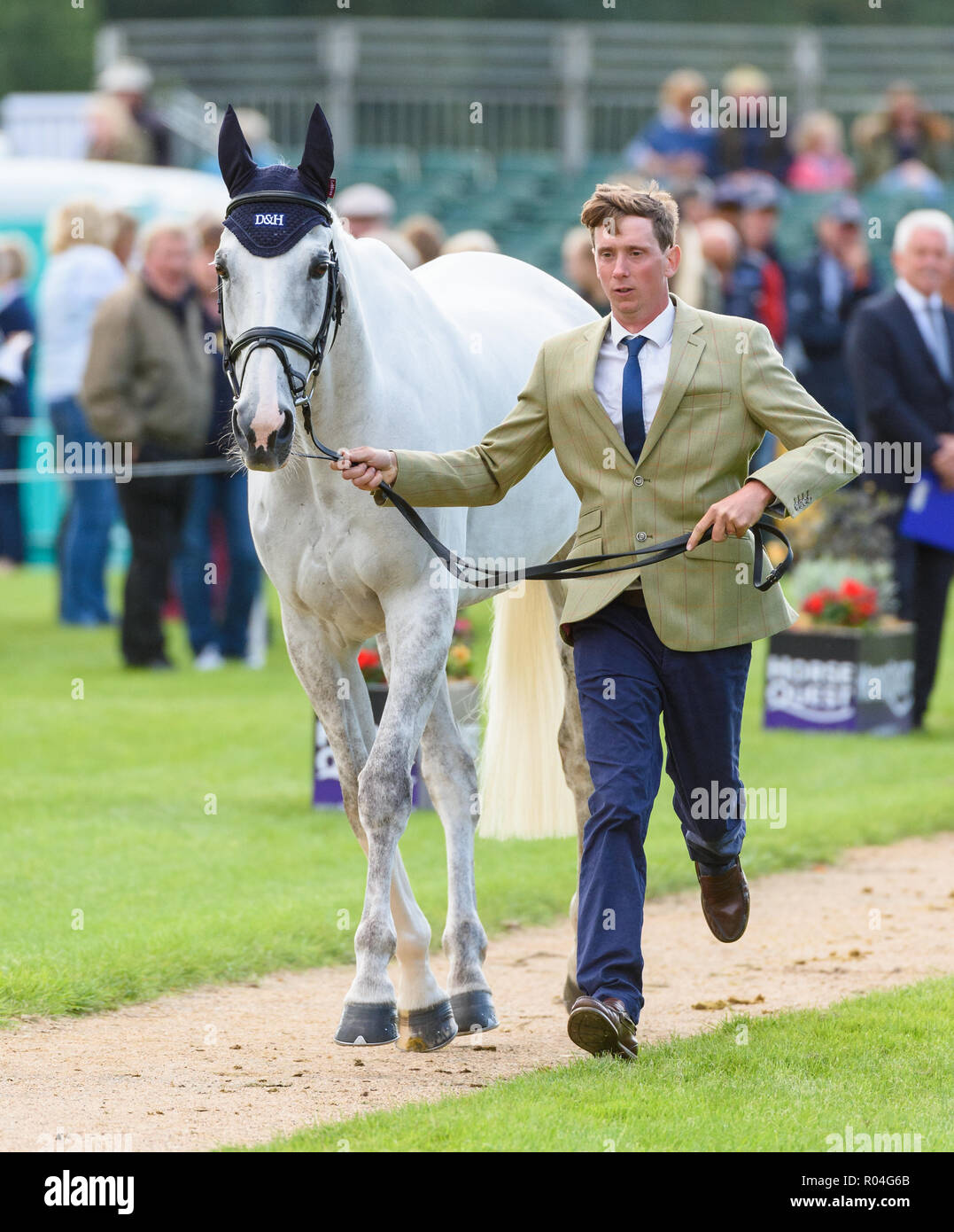 Richard Jones and ALFIES CLOVER during the vets inspection, Land Rover Burghley Horse Trials, Stamford, Lincolnshire, 2018 Stock Photo