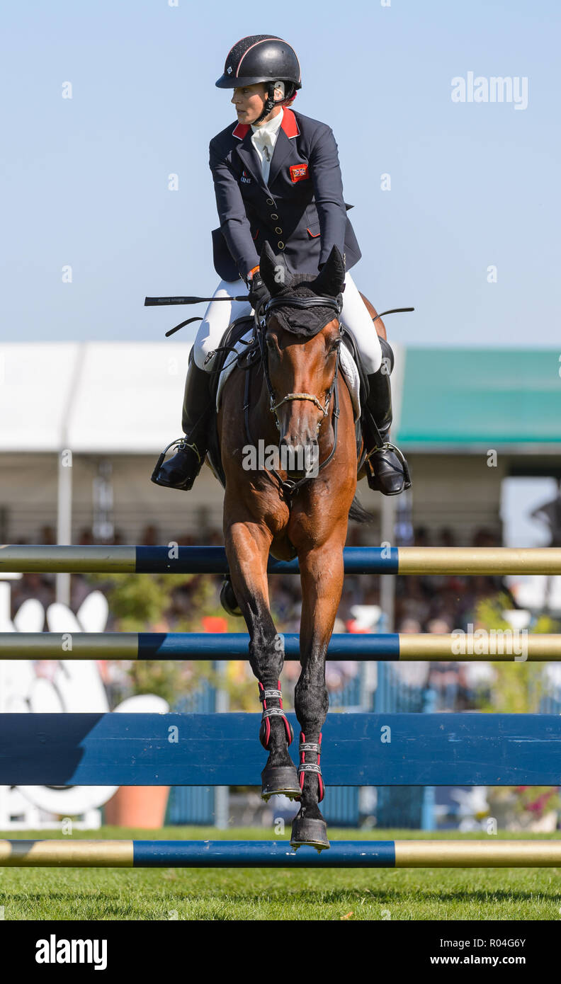 Sarah Bullimore and REVE DU ROUET during the showjumping  phase of the Land Rover Burghley Horse Trials, 2nd September 2018. Stock Photo