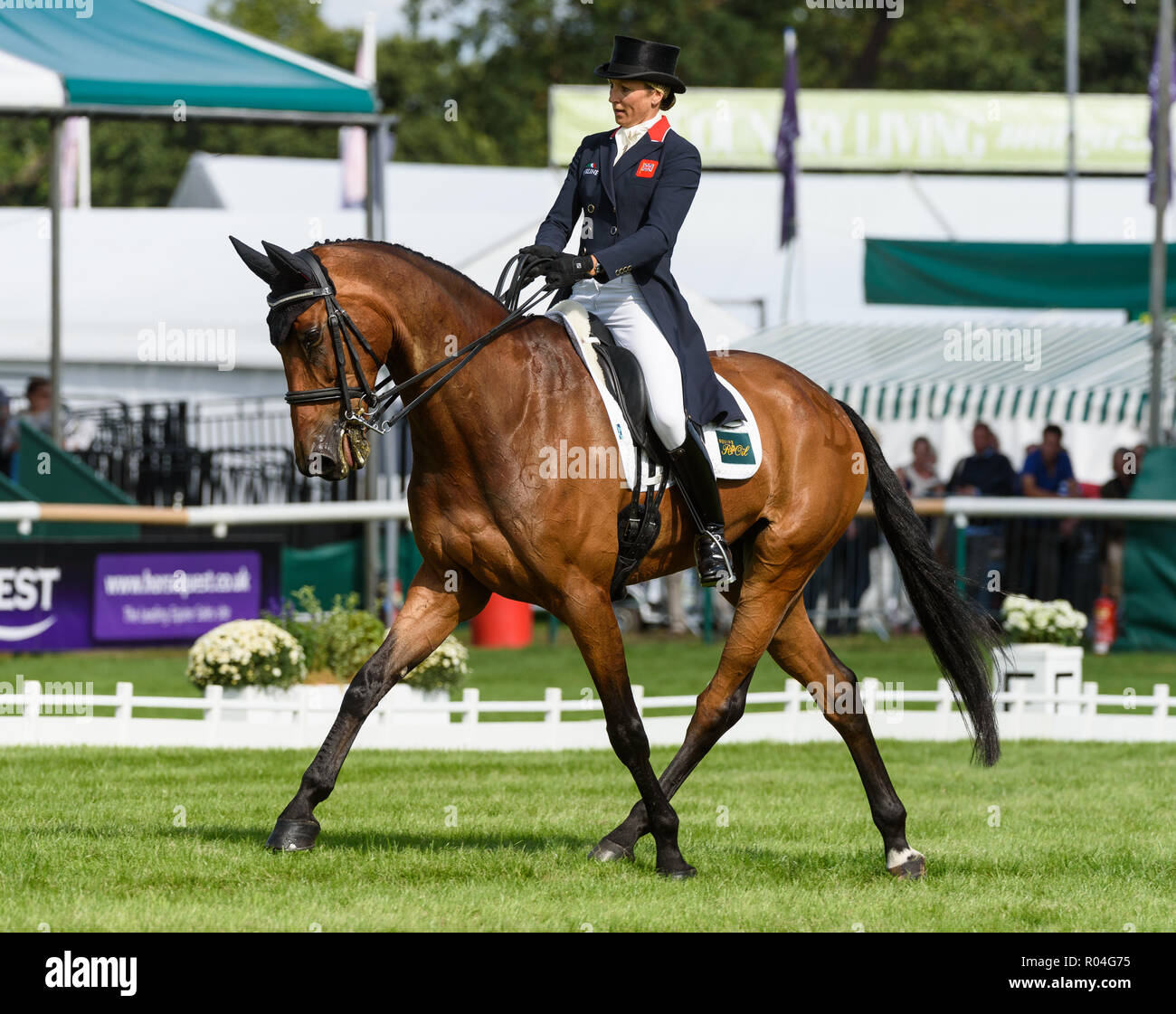 Sarah Bullimore and REVE DU ROUET perform a half pass during the dressage phase of the Land Rover Burghley Horse Trials, 2018 Stock Photo